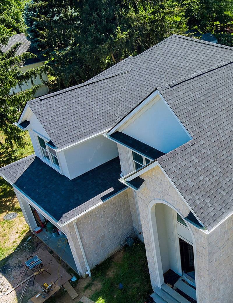 aerial view of asphalt shingles on a residential house