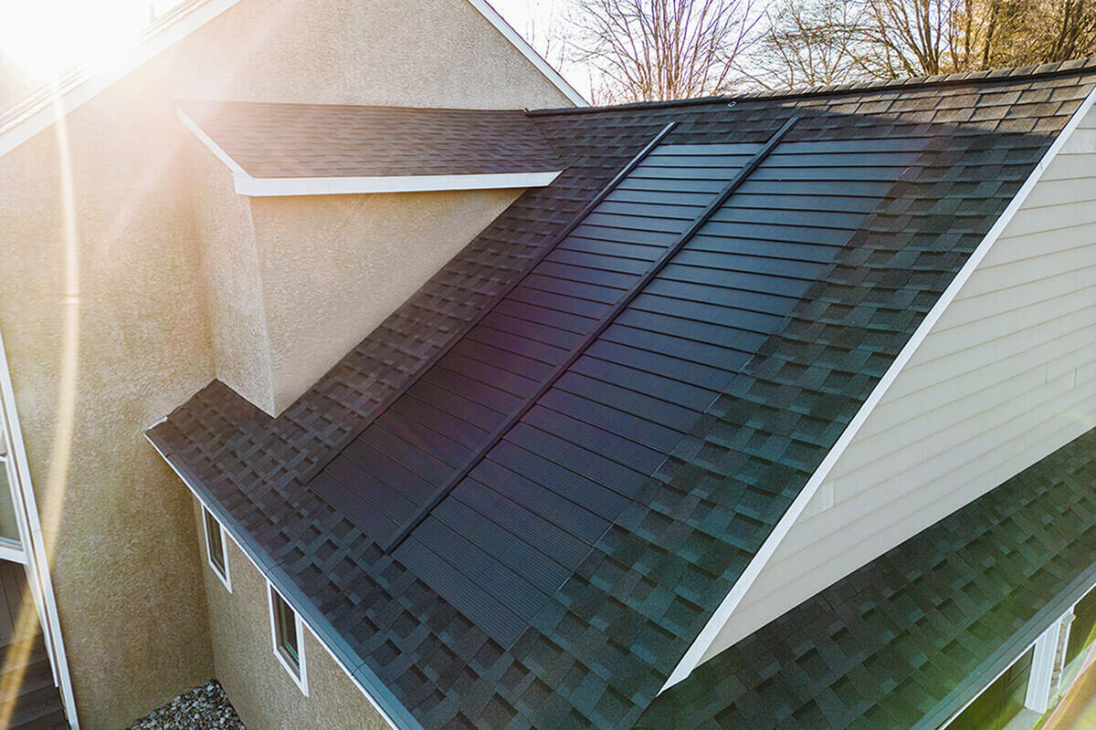 aerial view of solar shingles on a house